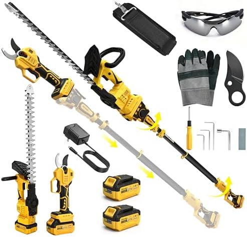 4-IN-1 Electric Pruning Shears+Pole Hedge Trimmer Combo, Hedge and Grass Trimmer Cordless & Tree Pruner with Extension Pole for Shrubs, Bushes, Max 15Ft Reach, Compatible with Dewalt Battery