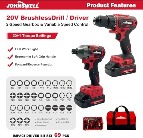20V Cordless Drill & Impact Driver Combo Kit, 2-Tool Power Tool Set, Fast Charger, 69-Pcs Bit Accessory Set & Tool Bag, Electric Power Tools for DIY & Construction