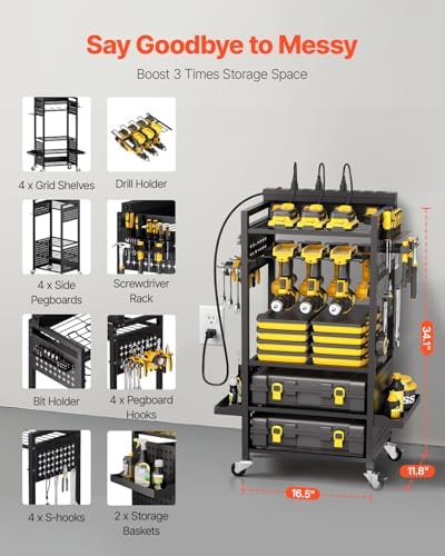 VEVOR 5-Tier Tool Organizer Cart with Charging Station, 8 AC Outlet, Floor Stand Rolling Drill Holder and Tool Battery Storage Rack on Wheels, Garage Floor Rolling Storage Cart for Workshop, Garage