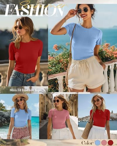 Ficerd 3 Pack Women's Ribbed Short Sleeve T-Shirts