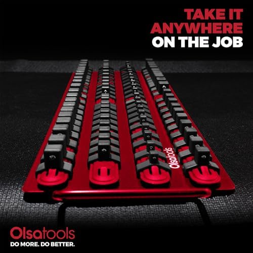 Olsa Tools 80-Slot Portable Socket Organizer Tray With Handle Red/Black | Socket Tray With Clips for 1/4-Inch, 3/8-Inch & 1/2-Inch Drive Sockets - Professional-Grade Tool Organizer - Part: 1047