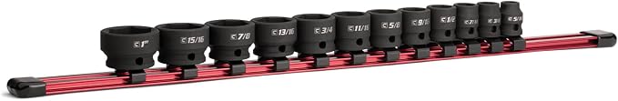 Capri Tools 3/8 in. Drive Stubby Impact Socket Set, SAE, 5/16 to 1 in., 12-Piece with Red Aluminum Socket Rail