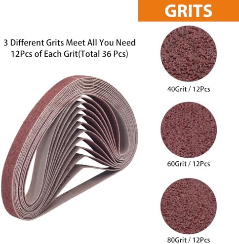 TAOKYID 36 Pack 1/2 x 18 Inch Sanding Belts for Air Belt Sander, Aluminum Oxide File Abrasive Belts 1/2-Inch x 18-Inch, 12 Each of 40/60/80 Assorted Grits 1/2x18 Sanding Belt Sandpaper