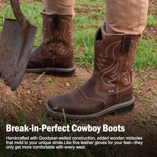 Showave Steel Toe Cowboy Boots for Men Western Square Toe Work Boot Full-grain Leather Safety Boots with Hazard Protection for Construction Manufacture Farming