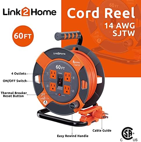Link2Home 60 Ft. Extension Cord Reel, 4 Power Outlets, 14 AWG SJTW