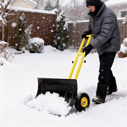 Snow Shovel with Wheels for Driveway, 29 Inch Heavy Duty Snow Pusher with Adjustable Handle & Multi-Angle Blade, Steel Wheeled Snow Plow for Sidewalk, Patio, Yard