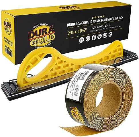 Dura-Gold Pro Series Longboard Hand Sanding File Sander Block with Hook & Loop Backing and PSA Backing Conversion Adapter Pad and 80 Grit Gold PSA Longboard Sandpaper