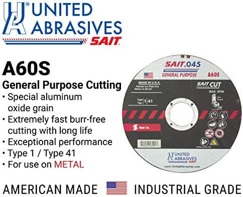 United Abrasives-SAIT 23101 A60S General Purpose Cut-Off Wheels (Type 1/Type 41 Flat) 4 1/2" x .045" x 7/8", 50-Pack