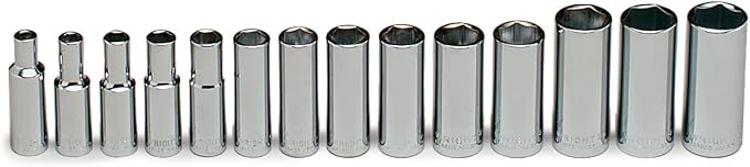 Wright Tool 355 3/8" Drive 6-Point Deep Metric Socket Set, 14-Piece | Sizes 6–19 mm, Chrome Finish, with Rails & Clips Made in USA