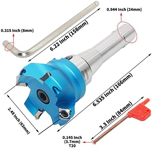 2.5 Inch Face Milling Cutter Aluminum KM12 63MM CNC End Milling Cutter Holder + R8-FMB22 Shank Face Shell Mill Arbor + 4pcs SEHT1204 Carbide Inserts + 8mm Hexagon Wrench + T20 Wrench CNC Machine Tools