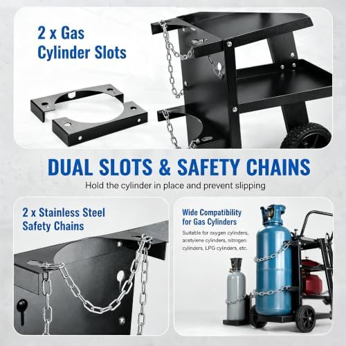 Welding Cart, 2-Tier Heavy Duty Welder Cart with 265LBS Load Capacity, Lockable Anti-Theft Cabinet, Dual Cylinder Slots & Safety Chains, 360° Swivel Wheels for TIG/ARC/Plasma Cutters