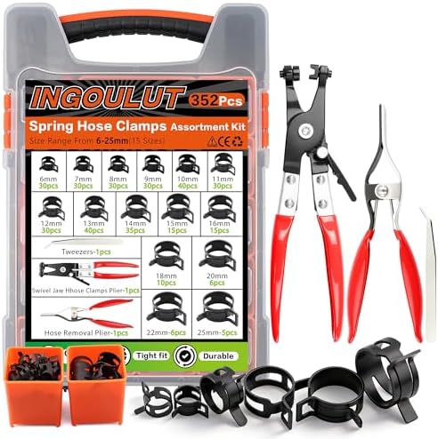 352Pcs Spring Hose Clamps Assortment Kit 15Size 6-25mm with Swivel Flat Hose Clamps Plier, Black 65Mn Spring Steel Hose Clamp, Fuel Line Hose Clamps for Silicone Vacuum Hose,Water Pipe,Automotive