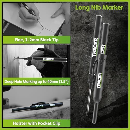 Tracer Complete Deep Hole Marking Kit - Includes Double-Tipped Long Head Deep Hole Permanent Marker and Deep Hole Construction Pencil with 6 Replacement Lead Dispenser Site Holster