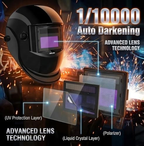 Welding Helmet Auto Darkening-Solar/Battery Powered-True Color -Wide View Screen Welding Mask-2 Arc Sensor, 0.1ms Response Time-Shade 9-13,For SMAW, MIG, TIG And Grinding