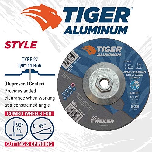 Weiler 58220 6 x 1/8 Tiger Aluminum Type 27 Cut Off/Grind Combo Wheel ALU30T 5/8-11 Nut (Pack of 10)
