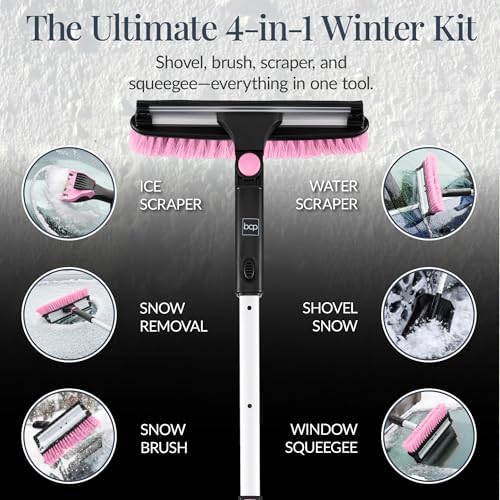 Best Choice Products 4 in 1 Snow Brush with Shovel, Squeegee & Ice Scraper, Up to 39" Extendable Foam Grip, 270° Pivoting Snow Brush for Car Truck SUV, Storage Bag Included - Pink