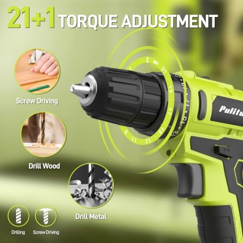 PULITUO 20V Cordless Drill Set, 2 Batteries Electric Screwdriver, 30Nm Power Drill Driver, 21+1 Torque, 2 Speed, 3/8"Keyless Chuck, power Drill with LED Light, Drill Driver Kit for Home (Green)