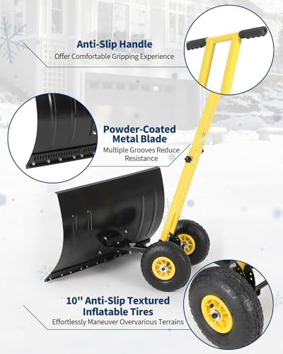 GarveeTech 29x19.8 in Rolling Snow Shovel on Wheels, Metal Snow Pusher