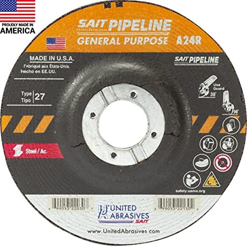 United Abrasives-SAIT 22007 A24R General Purpose Pipeline Wheel (Type 27 Depressed Center) 4" x 1/8" x 3/8", 25-Pack