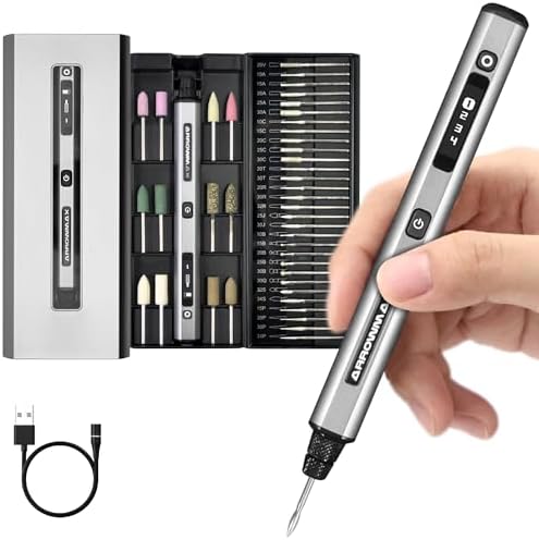 AM ARROWMAX Electric Mini Engraving Pen, HollowCup Motor, 42 Bits with Aluminum Case, OLED, Magnetic Charge, Mini Cordless Rotary Tool, Engraving Pen for Bead, Metal, Wood, Glass and Plastic (SGS)