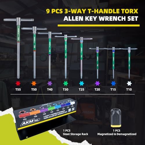 9 PCS 3-Way T-Handle Torx Star Allen Wrench Set, T10-T55, Sliding Handle, T Handle Allen Wrench Set with Magnetized & Demagnetized, for Versatile Speed And Leverage Application