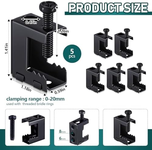 Tandefio 5 Pcs 1/4"-20 Spring Steel Beam Clamps Metal Beam Hangers Bolt on Clamp for Installation on Beams 1/4" and 3/8" Threaded Rod, S Hooks Bridle Rings for Pipe Cable Woodworking Tool (Black)