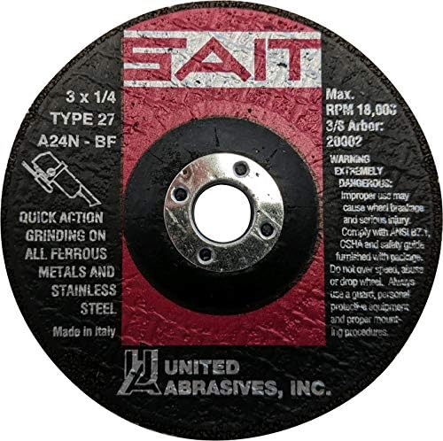 United Abrasives-SAIT 20002 A24N Fast Grinding Wheel 3" x 1/4" x 3/8" Type 27, 25-Pack