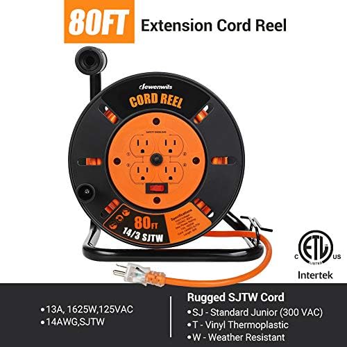 DEWENWILS Retractable Extension Cord Reel, Open Cord Reel with 80FT Cord