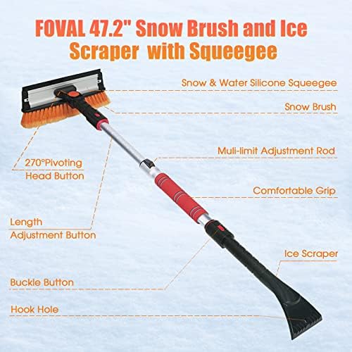 FOVAL 47.2" Extendable Ice Scraper Snow Brush with Squeegee for Windshield Window Car Trucks SUVs, 270° Pivoting Brush Head, Essential Winter Tool Ice Snow Remover with Comfortable Foam Grip
