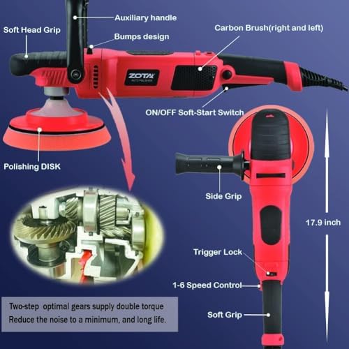 ZOTA Rotary Polisher, 1200W Double Torque 6-inch/7-inch Car Polisher, 6 Variable Speed 1100-3050RPM Buffer with Soft Start