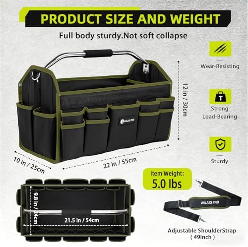 22in Tool Bags For Men Heavy Duty, 33 PCS Pockets Tool Bag Organizer Foldable Open Top Tool Bag With Handle, Wide Mouth Electrician Tool Tote, Green