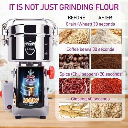 1000g Grain Mill, 304 Stainless Steel Spice Grinder, 3000W High-speed Commercial Flour Mill, Superfine Flour Mill Grinder for Home, Grain Mill for Flour