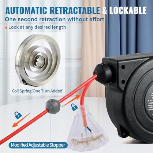 VEVOR Retractable Extension Cord Reel, 30 FT, Heavy Duty 16AWG/3C SJTOW Retractable Power Cord Reel with Lighted Triple Tap Outlet 10 Amp Circuit Breaker 4.5FT Lead-in Cord, for Ceiling or Wall Mount