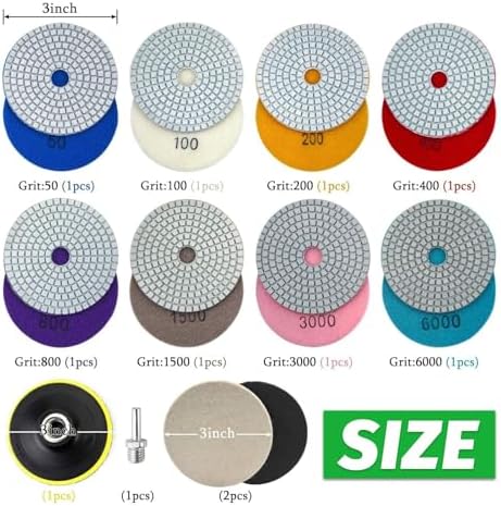 3 Inch Diamond Polishing Pads with M14 Backer Pad, 12PCS Wet/Dry Granite Stone Polish Pad Kit for Drill, Grinder, Polisher, 50-6000 Grit Diamond Sanding Pad for Concrete Marble Rock