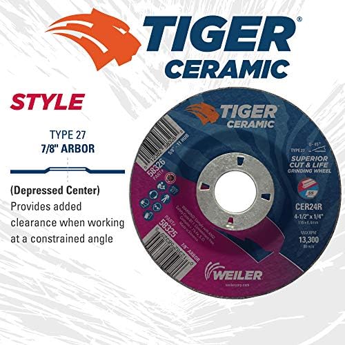Weiler 58325 4-1/2 x 1/4 Tiger Ceramic Type 27 Grinding Wheel CER24R 7/8 A.H (Pack of 10)