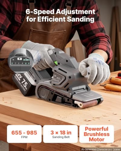 VEVOR 20V Max Cordless Belt Sander, 3" x 18" Belt Sander for Woodworking, 6 Variable Speeds Sanding Machine with 10PCS Sanding Belts, 2 Dust Bags & Vacuum Adapter (Battery NOT Included)