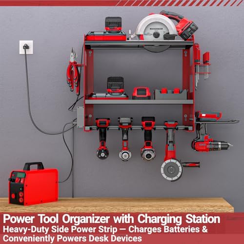 YYR Power Tool Organizer Wall Mount with Charging Station, Cordless Tools Hanger and Battery Storage Rack for Garage Organization, Heavy Duty Drill Holder Shelf Build in Metal Power Strip - Red