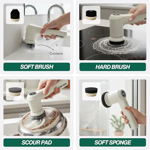 SonicPower Electric Spin Scrubber – Handheld & Ergonomic, IPX7 Waterproof, 4 Multi-Purpose Brush Heads, Long-Lasting Rechargeable Battery – Cleans Dishes, Bathroom, Tile, Grout & Kitchen (Beige)