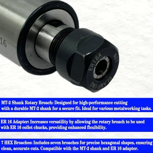 MachEl MT2 Shank Rotary Broach with ER16 Adaptor & Set of 7 Hex Broaches for Versatile Machining Applications