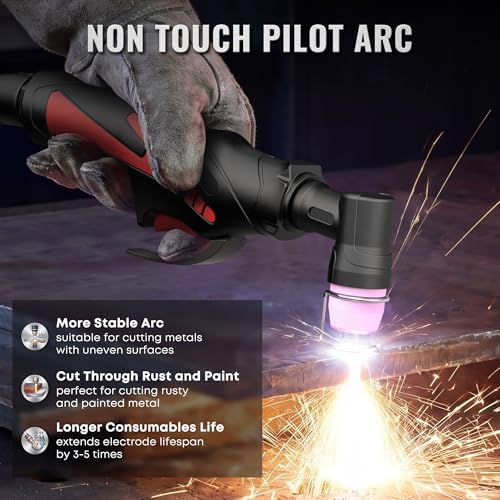 SILATU 55A Plasma Cutter, HF Non-Touch Pilot Arc Plasma Cutter Machine, 7/10″ Max Cut 9/16″ Clean Cut, Portable 110/220V Dual Voltage IGBT Inverter Digital Display, PT/2T/4T for Beginners DIY (Red)