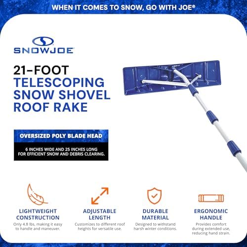 Snow Joe Telescoping Roof Rake, Extendable Leaf & Snow Shovel with Poly Blade, 25 Inch Wide, RJ204M