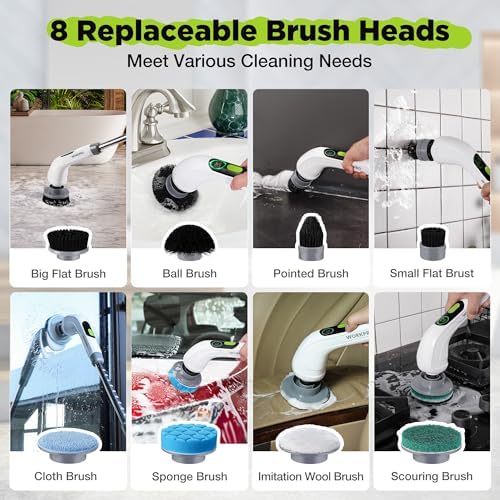WORKPRO 8V Cordless Spin Scrubber, 8 Replaceable Brush Heads & 3 Speeds