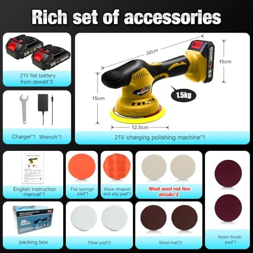 Cordless Buffer Polisher 6 inch with 2Pcs 2.0Ah Rechargeable Batteries Compatible with Makita,and 1 Adapter Charger, 6 variable speed 5500RPM cordless sander, for Car Detailing/Polishing