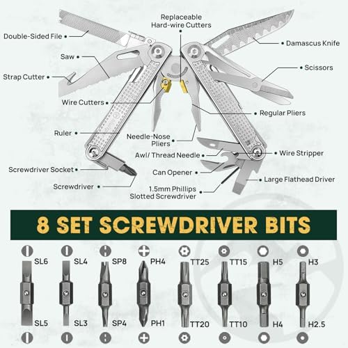 Multper Multitool Pliers with Damascus Knife & Large Scissors,Screwdriver