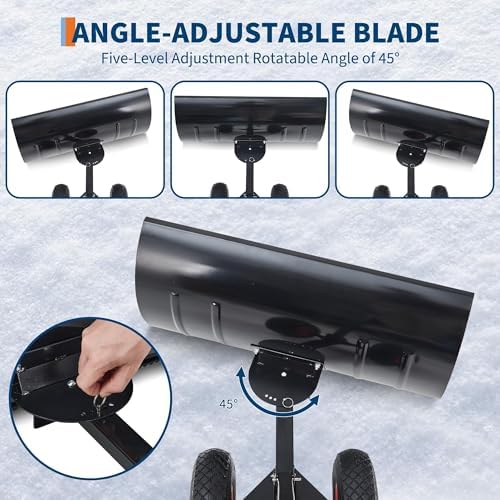 GarveeHome Snow Shovel with Wheels for Driveway, Heavy Duty Push Snow Plow Shovel with Large 29 in x 16.5 in Adjustable Handle, Angled Blade, Efficient Snow Removal for Pavement