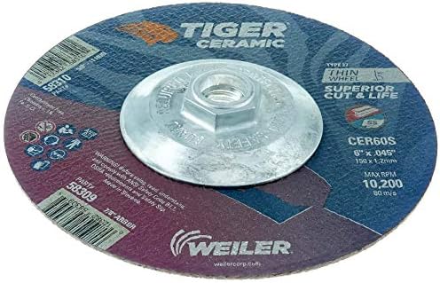 Weiler 58310 6 Inch Cutting Wheel, Tiger Ceramic Stainless Steel Superior Life & Cut Contaminant Free Max Performance Cutting, .045" CER60S Type 27 5/8"-11 Hub, Pack of 10