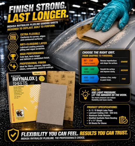 Indasa 50 PCS 9x11 Sandpaper Rhynalox Plusline - 220 Grit Dry Sanding Sheets, Professional-Grade Abrasive for Wood, Metal, Automotive, and Paint Finishing - Durable, Clog-Resistant Sand Paper