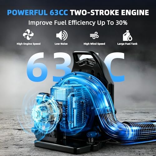 63CC Gas Backpack Leaf Blower, 2-Stroke Engine, 665 CFM, 205 MPH for Lawn Care, Yard Debris & Snow Removal