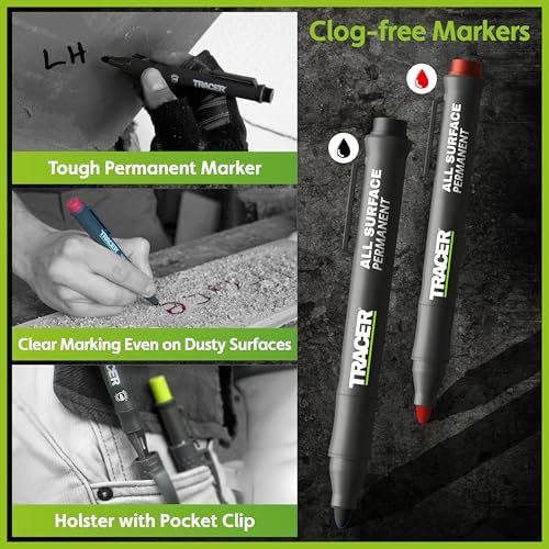 Tracer Marking Kit - Deep Hole Pencil, ALH1 Lead set and 2 Clog Free Markers with Holsters. Construction pencil & Marker set