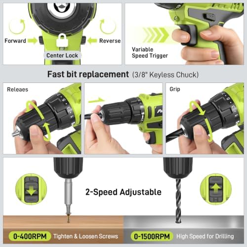 PULITUO 199-Piece Power Tool Set with 20V Cordless Drill Driver, Electric Screwdriver, 2 Batteries, Charger, LED Light and Toolbox, Home DIY Drill Set for Women and Men(Green)